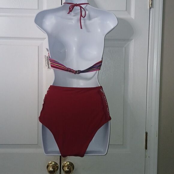 Mossimo 2 pc striped solid maroon bottom bikini bathing suit swimsuit Sz S NWT - Picture 4 of 7